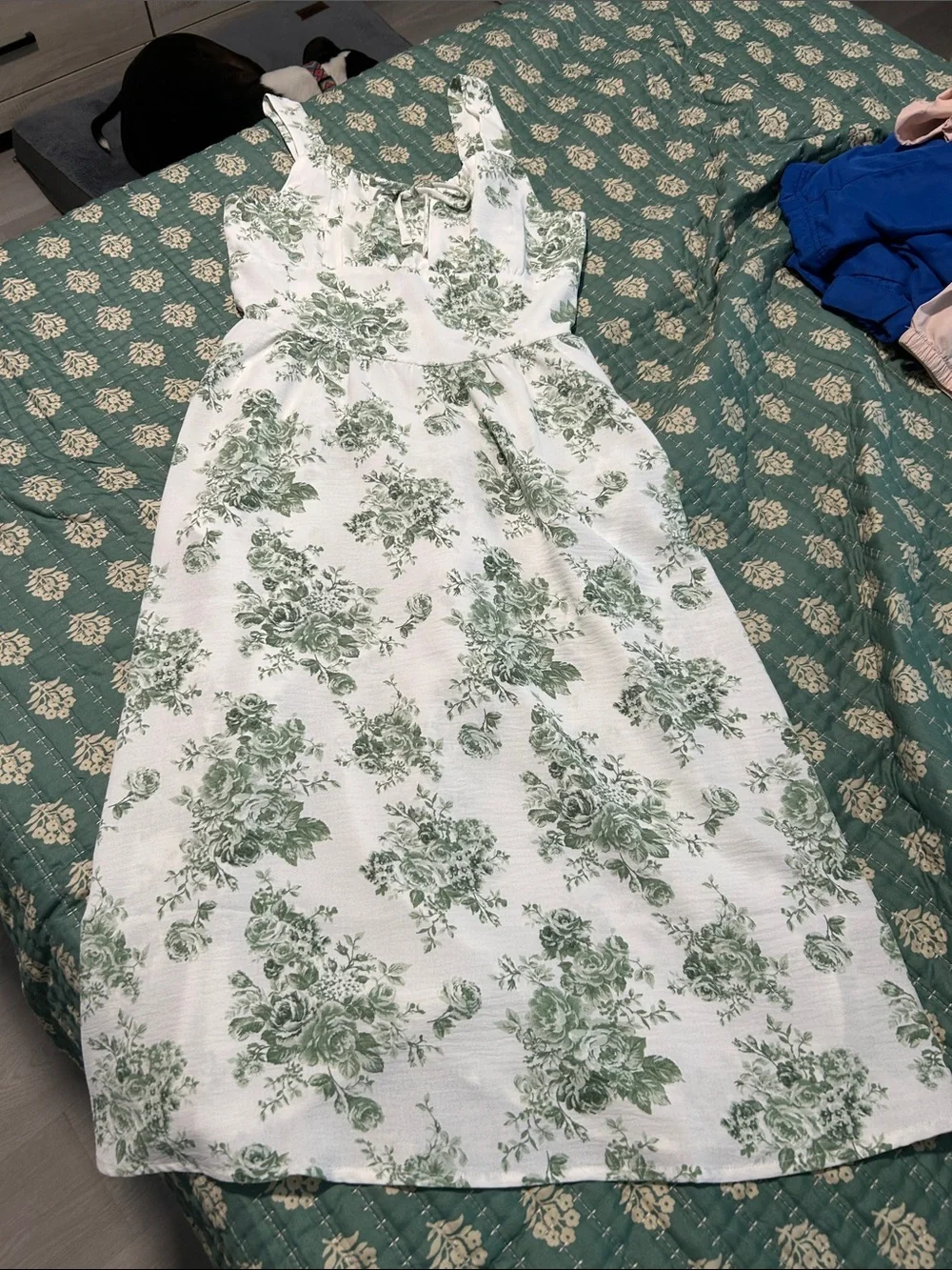 Monteau White Dress with Green Floral Print